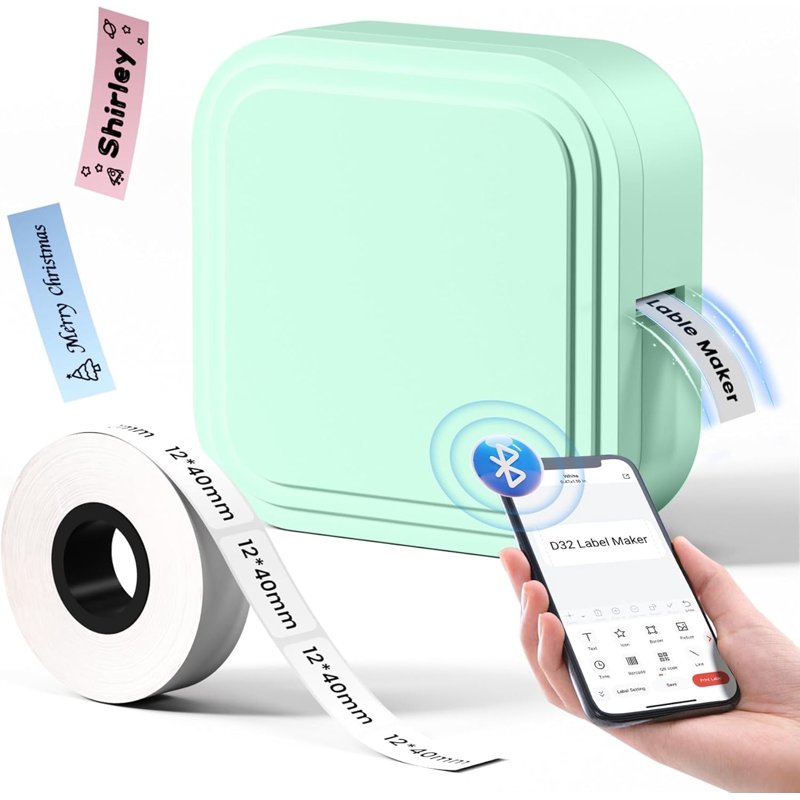 Portable Bluetooth Label Maker - Thermal Printer for Home & Office, Green