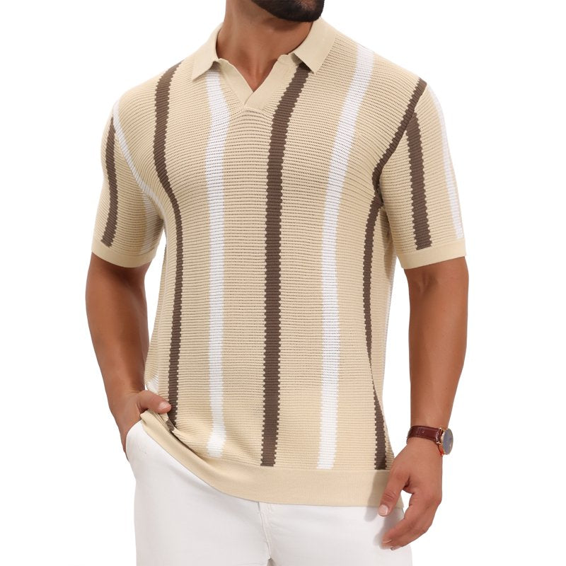 Daring Diva Men’s Hollow Knit Polo Shirt V-Neck Short Sleeve 2XL Khaki