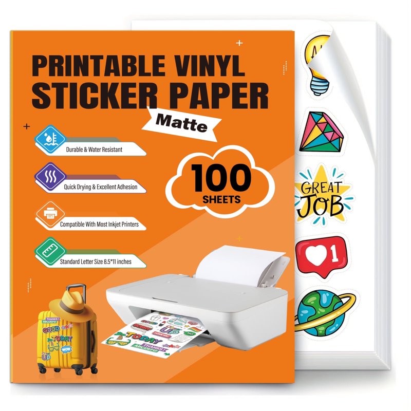 Printable Vinyl Sticker Paper for Inkjet & Laser Printers Waterproof Matte 8.5x11in - 100 Sheets