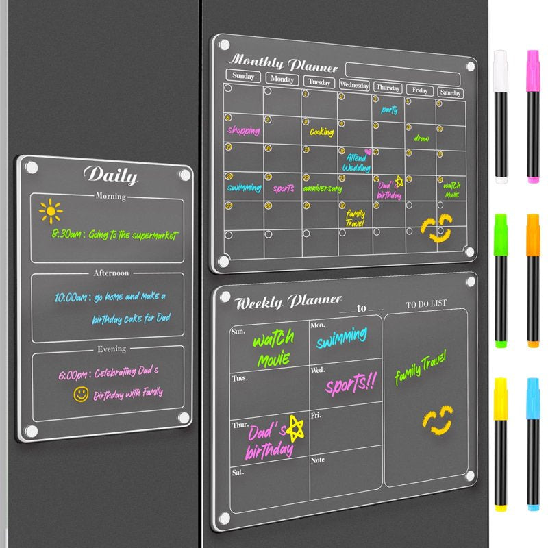 Magnetic Calendar Set for Refrigerator - Acrylic Dry Erase Planning Boards, 3 Pack with Highlights