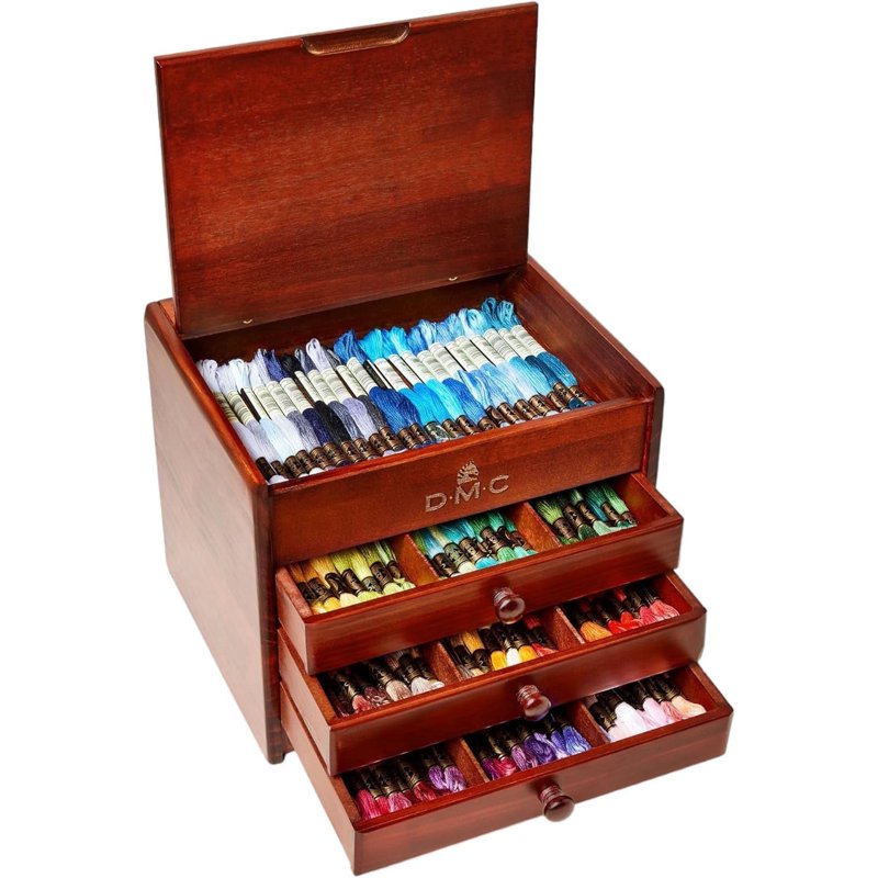 DMC Wooden Thread Storage Chest with 120 Skeins - Embroidery Organizer