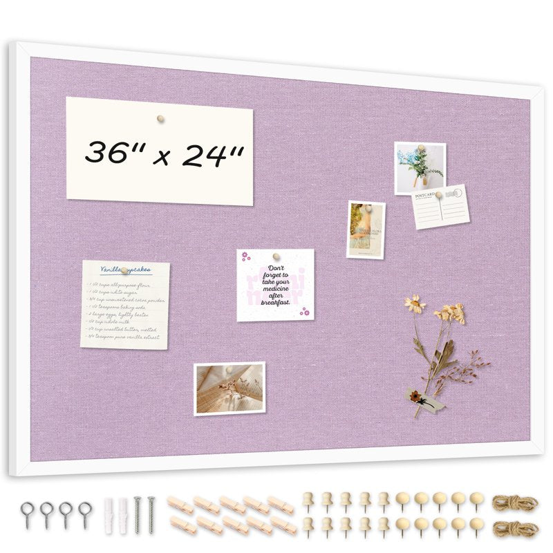 Purple Linen Bulletin Board - 36x24 Inch Wall Pinboard with Cork & Wood Frame