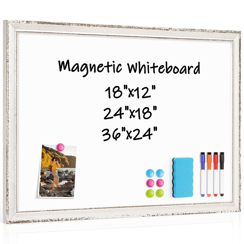 Magnetic Dry Erase Board with Retro White Wood Frame Wall Mount for Office & Home