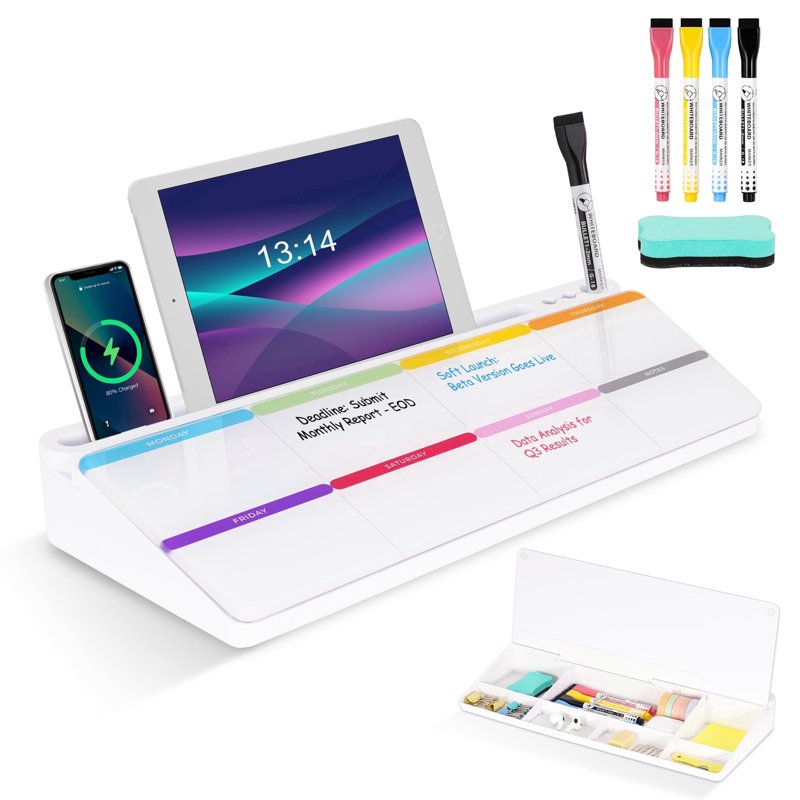 Glass Desktop Whiteboard with Storage - Weekly Calendar & Office Organizer