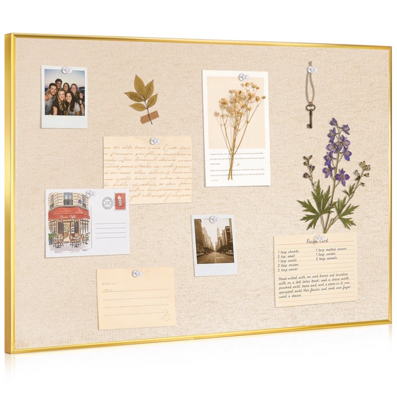Linen Bulletin Board with Gold Frame - Wall Cork & Fabric Organizer