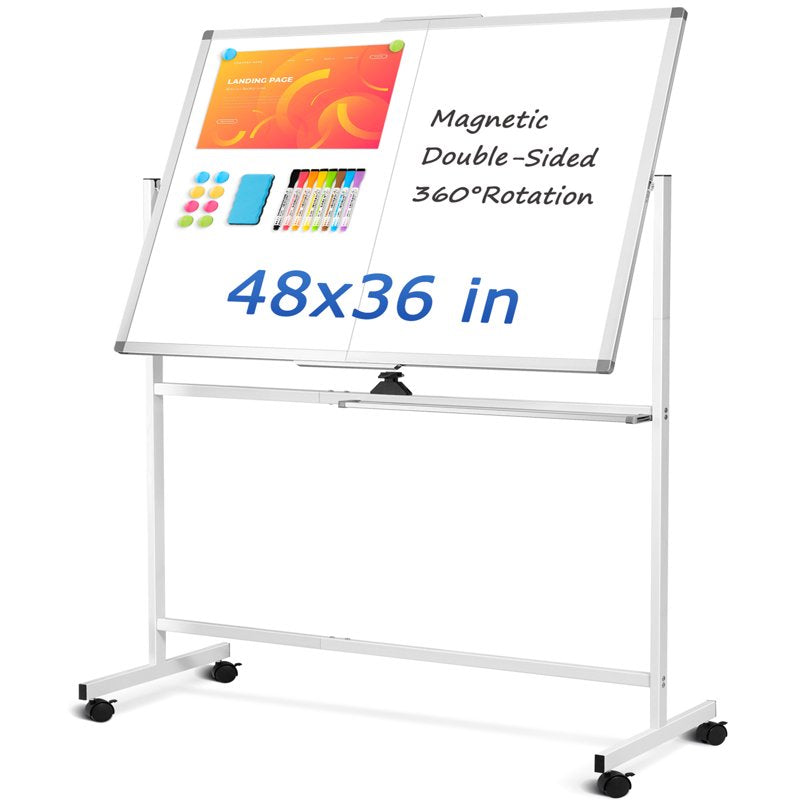 Large Double-Sided Mobile Whiteboard with Wheels, 48x36 Inches - Office & Classroom