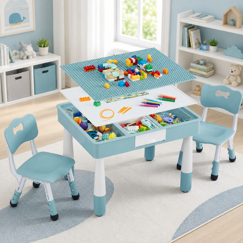 Kids Activity Table and Chair Set with Storage - 4-in-1 Multi-Use Play Desk