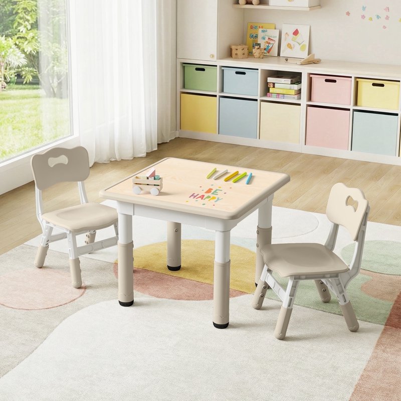 Kids Activity Table and 2 Chairs Set with Adjustable Height and Graffiti Desktop