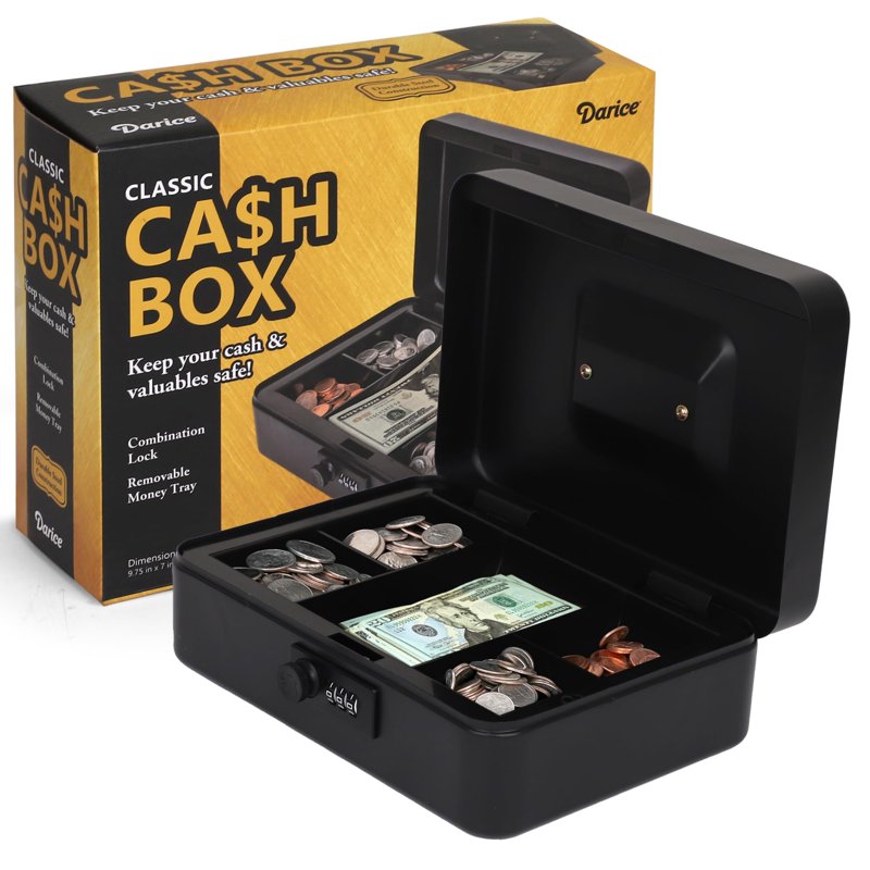 Large Black Stainless Steel Cash Box with Mechanical Lock & Removable Tray