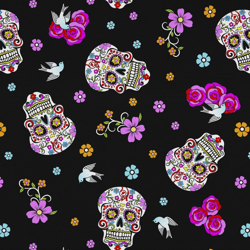Day of the Dead Cotton Fabric with Silver Glitter - 44 Inches Wide
