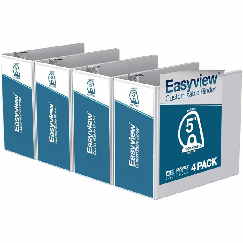 Heavy Duty View Binder with Clear Front & Back Cover, 3-Ring, Customizable Spine, 4 Pack - White