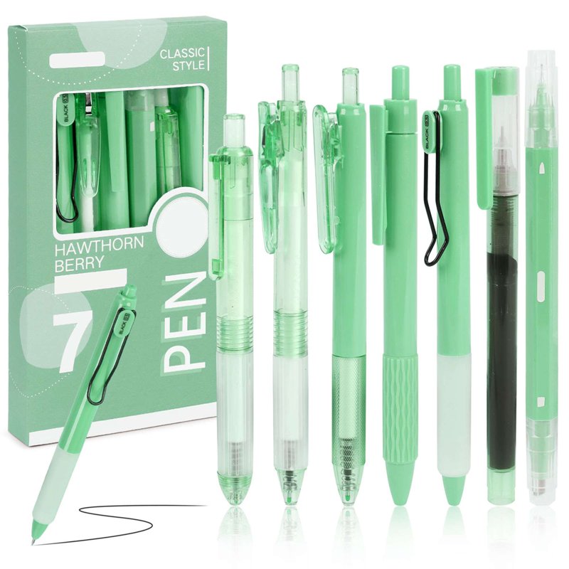 Deago 7 Pack Retractable Gel Pens 0.5mm - Quick Dry Black Ink with Highlighter (Green) – for Journaling, Sketching & Notetaking