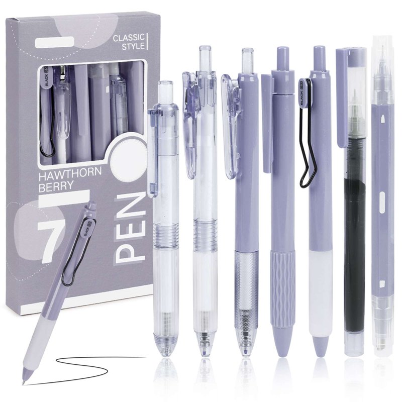 Deago 7-Pack Retractable Gel Pens 0.5mm Quick-Dry Ink with Highlighter - Purple