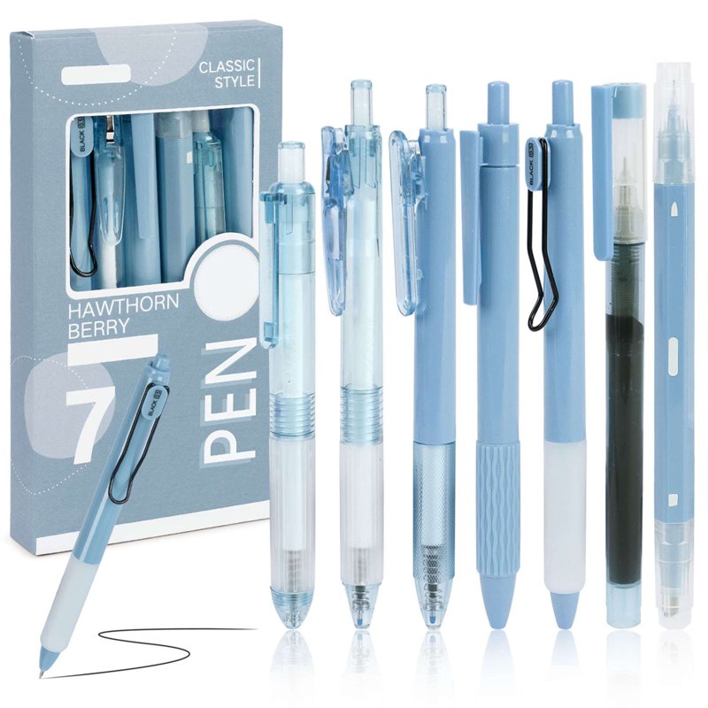 Retractable Gel Pens Set 7 Pack 0.5mm Black Ink - Fine Point 7 Colors with Highlighter (Blue) – Quick-Dry, Triangular Grip