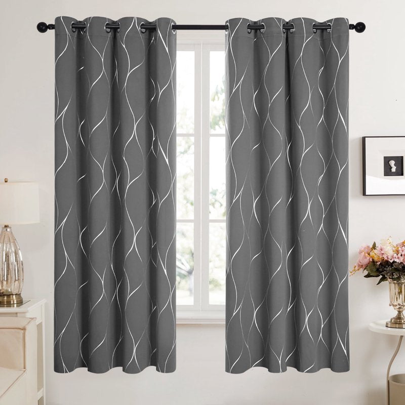 Blackout Curtain Panels with Silver Foil Wave Print - Room Darkening Drapes for Bedroom & Living Room