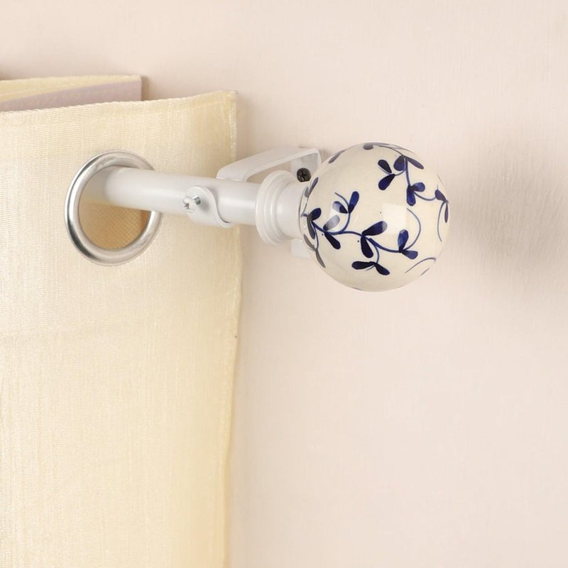 Heavy Duty Extendable Curtain Rod with Blue Floral Ceramic Finials - 28-48 Inch