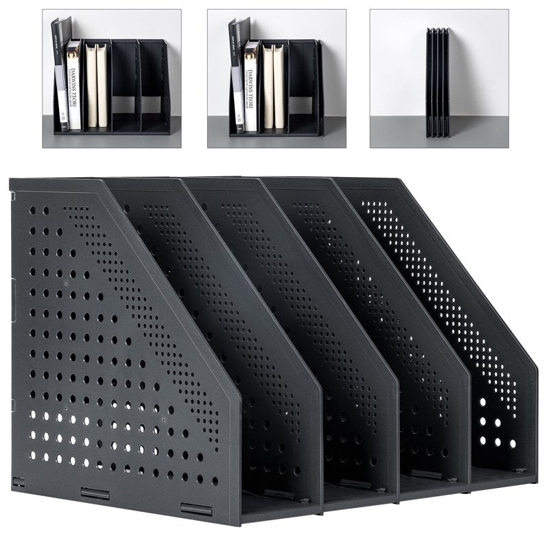 Collapsible Magazine File Holder Desk Organizer with 4 Compartments - Black