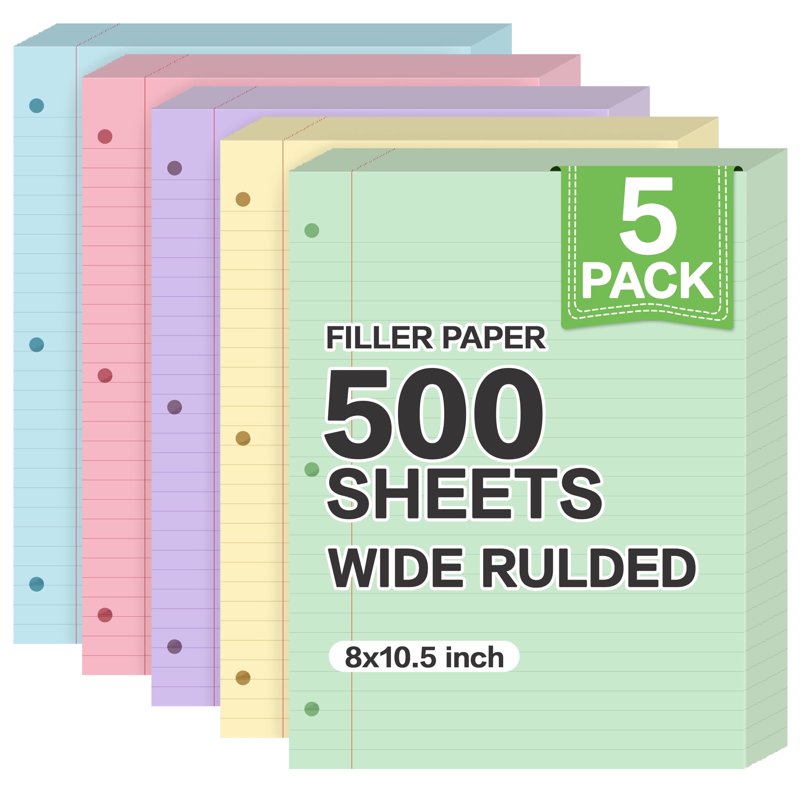 Wide Ruled Pastel Loose Leaf Notebook Paper 500 Sheets for Binders