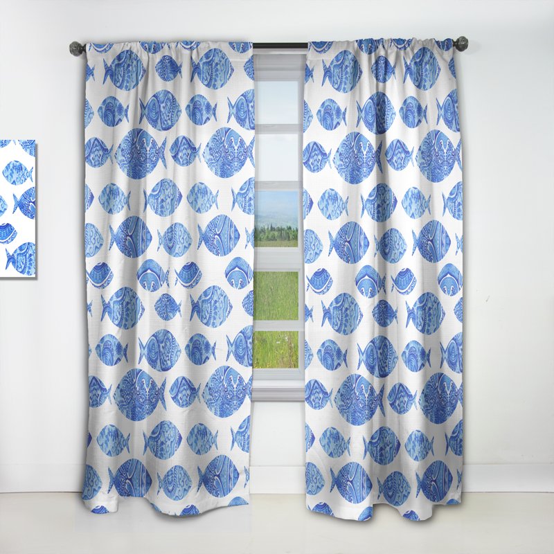 Nautical Coastal Sheer Curtain Panel - Blue Sea Shore Pattern, Multiple Sizes