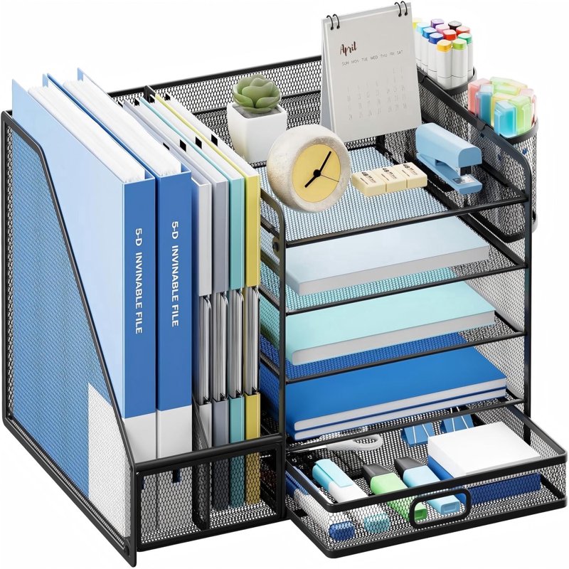 5-Tier Desktop File Organizer with Drawer and Pen Holders - Office & Home Storage