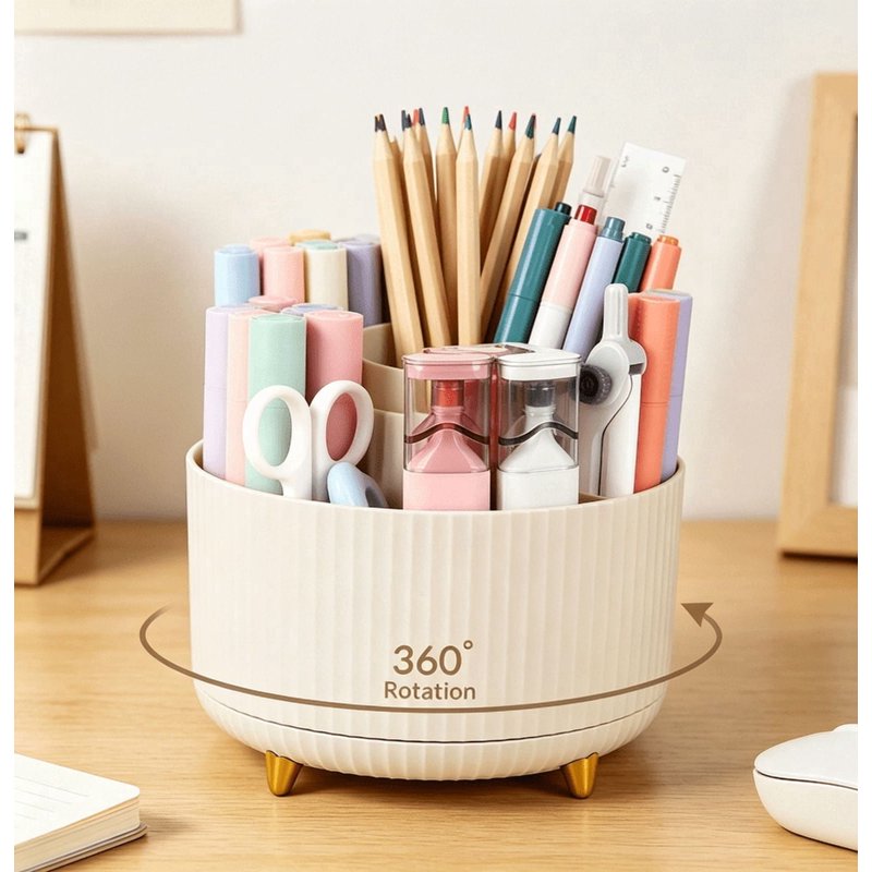 Rotating Desk Organizer with Multi-Compartment Pen Holder - 360° Spin for Office, Kitchen, Crafts, Makeup
