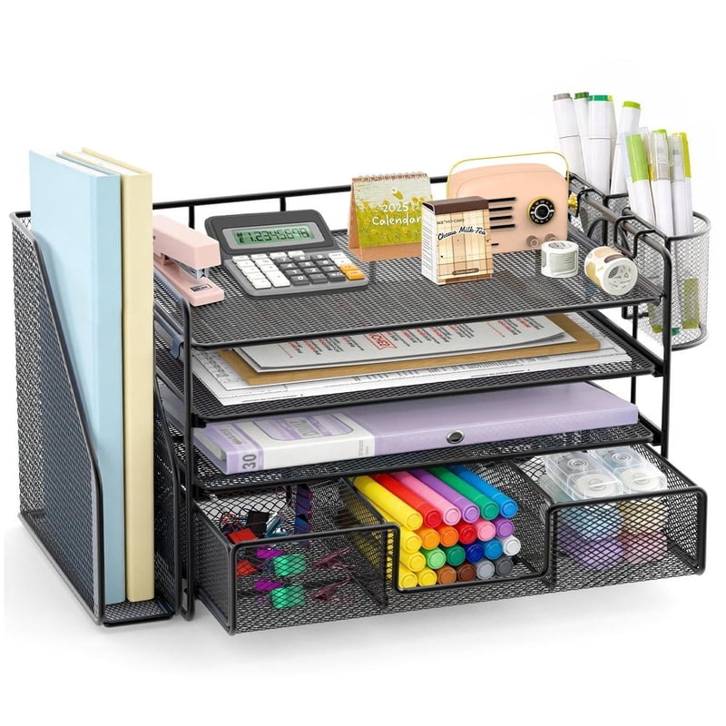 4-Tier Desktop File Organizer with Drawer and Pen Holders - Office Desk Accessories