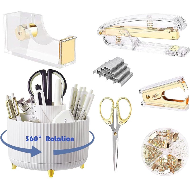 7-Piece Desk Organizer Set with Rotating Pen Holder, Stapler, Tape Dispenser, Scissors, Binder Clips & Staples — Office Supplies