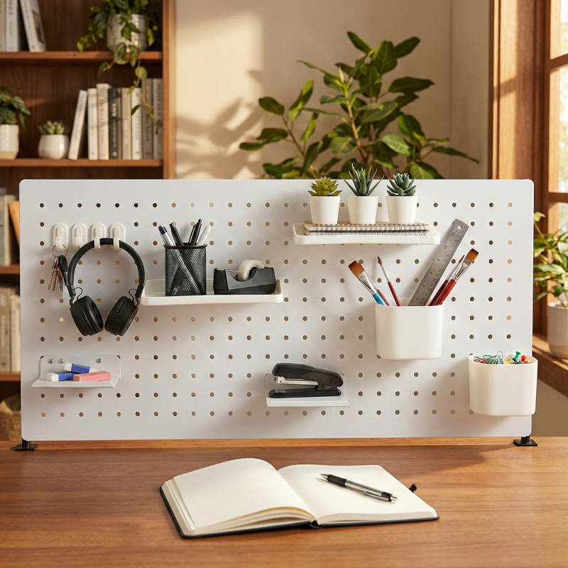 Desk Pegboard Organizer Kit with Hooks Trays & Pen Holders for Office & Craft Space