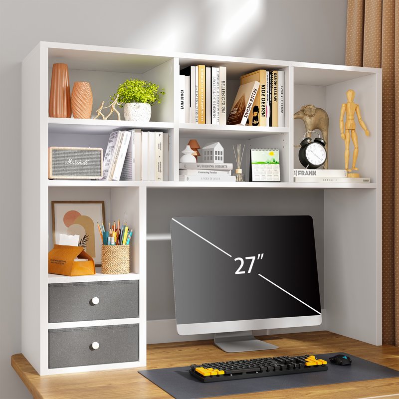 Desktop Bookshelf with 8 Shelves and 2 Drawers - White Wooden Desk Organizer for Office and Dorm