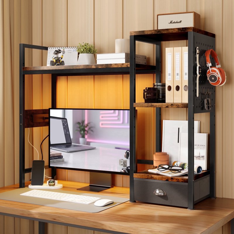 Desktop Bookshelf with Charging Station LED Light Adjustable Shelf 3-Tier Organizer