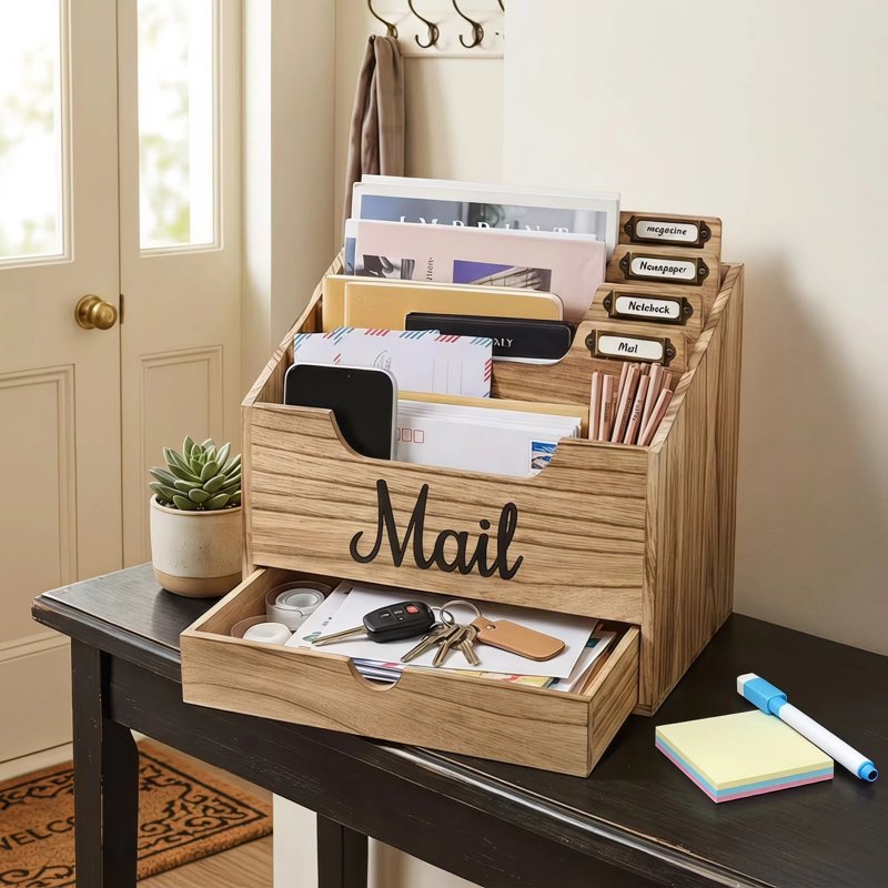 Wood Desktop Mail Organizer with 4 Large Compartments and Drawer – Rustic Office Desk Storage