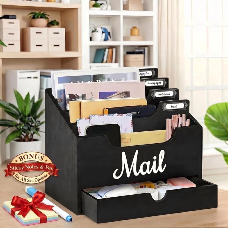 Wood Desk Mail Organizer with Drawer - Rustic Style Letter Holder & Sorter