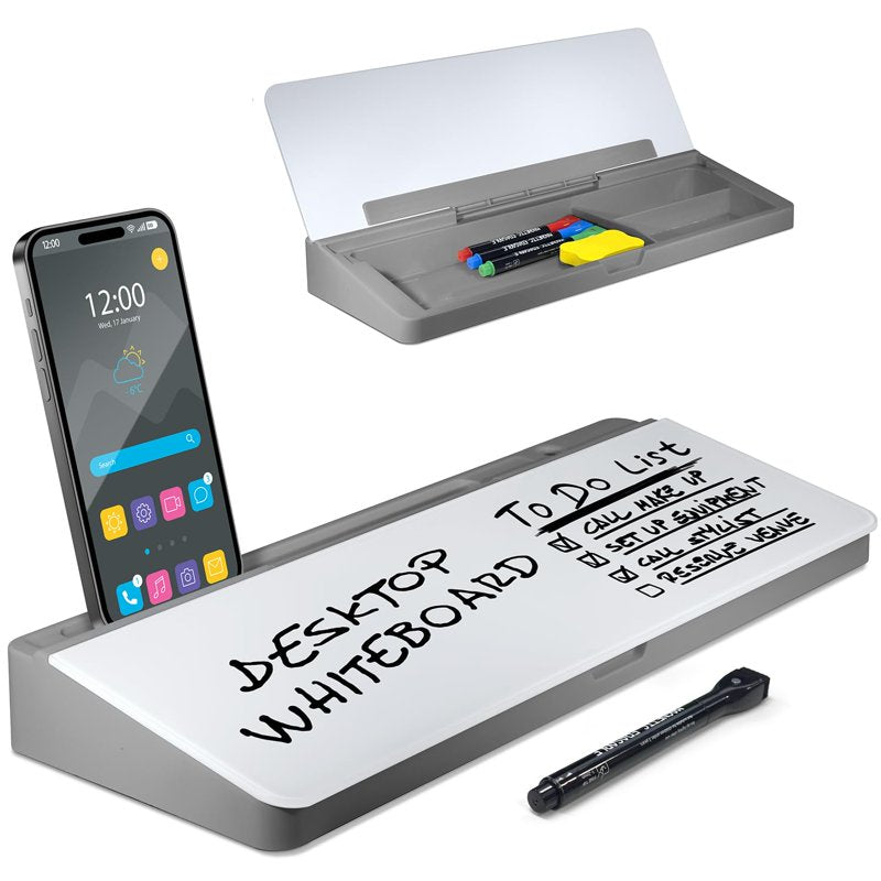 Glass Desktop Whiteboard with Storage, Phone & Tablet Slot - Grey