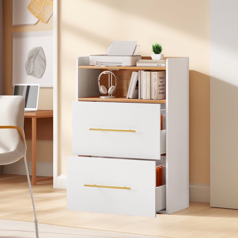 White 2-Drawer File Cabinet with Charging Station Office Storage