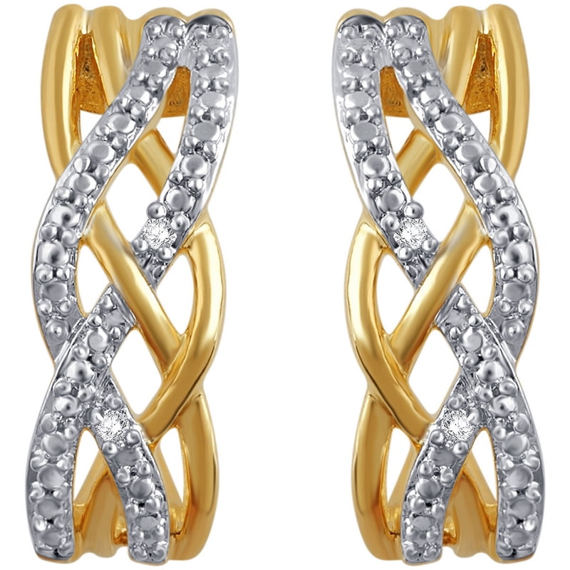 Diamond Accent Gold Tone Hoop Earrings with Criss Cross Design