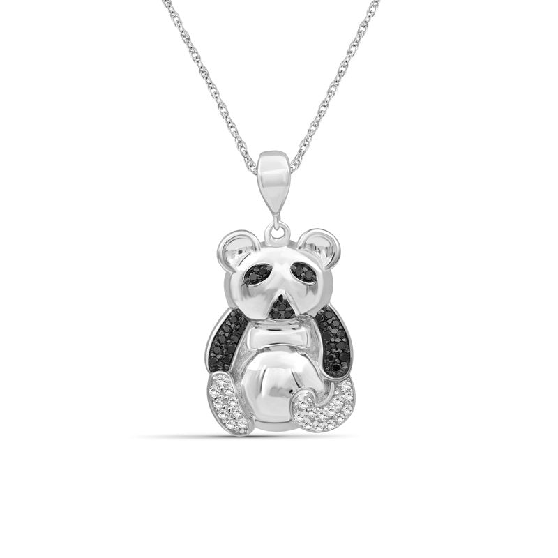 Halloween Panda Necklace with Black & White Diamonds - Sterling Silver Pendant & Rope Chain