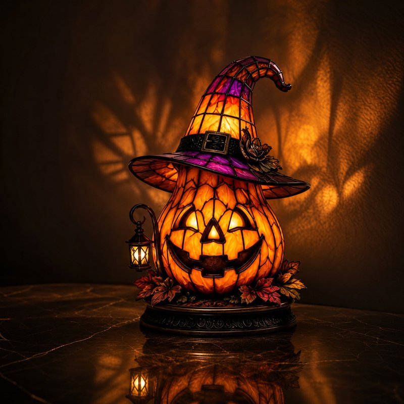 Halloween Pumpkin Table Lamp with Witch Hat - Indoor Decor Night Light