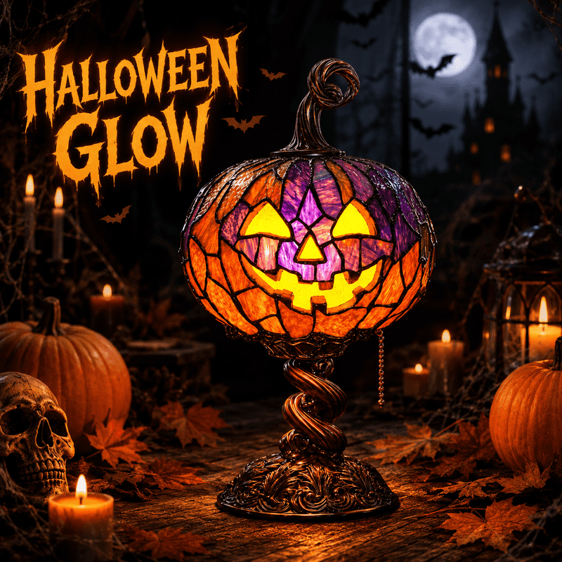 Halloween Stained Glass Pumpkin Table Lamp 9 Inch Jack O Lantern Desk Light