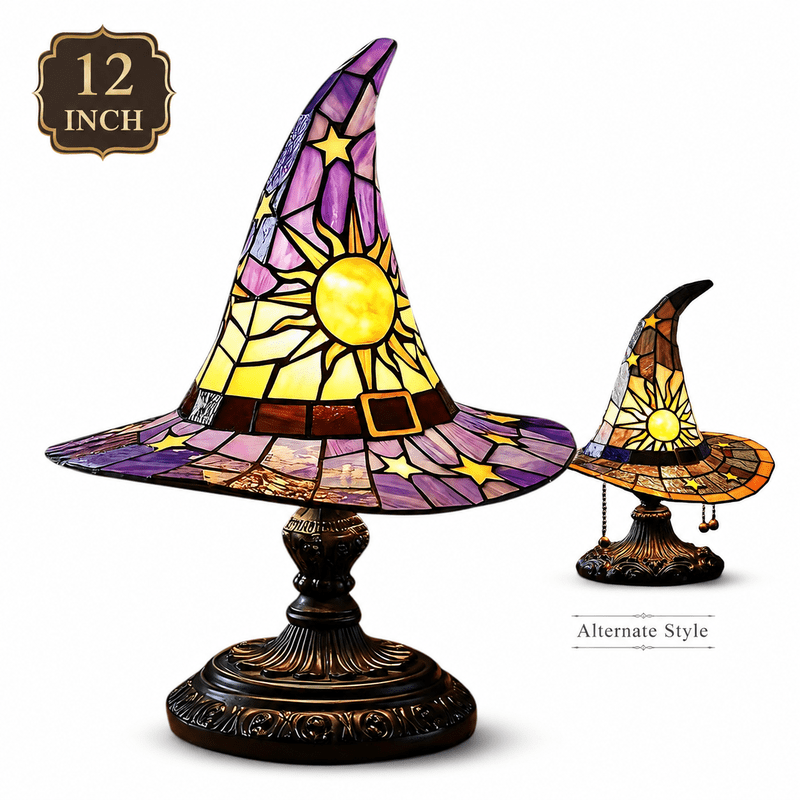 Gothic Stained Glass Witch Hat Lamp Halloween Night Light Decor - 12 Inch