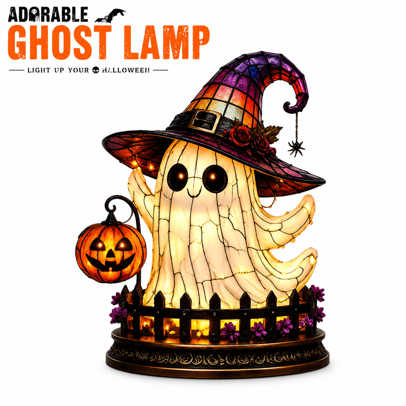 Halloween Ghost Night Light - 11.8 Inch Witch Hat Ghost Lamp with Jack O Lantern Indoor Decor