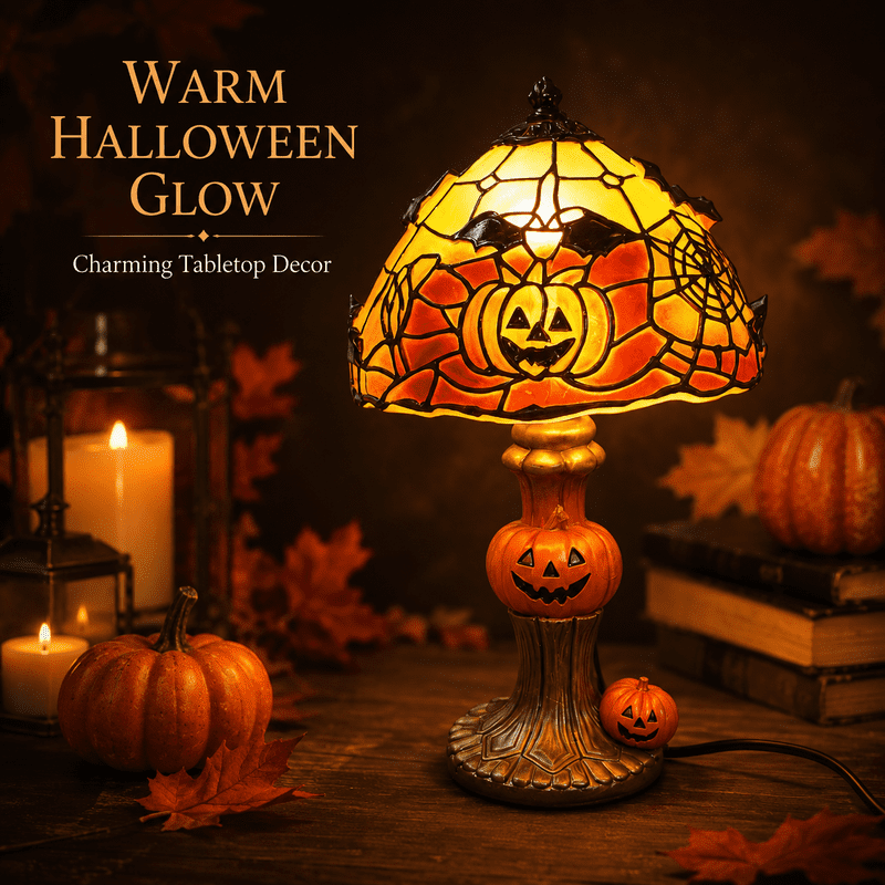 Halloween Pumpkin Table Lamp with Bat and Spider Web Shade - Indoor Decorative Light