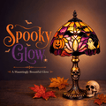 Halloween Tiffany Style Stained Glass Lamp with Skeleton Base Spooky Decor 11 Inch