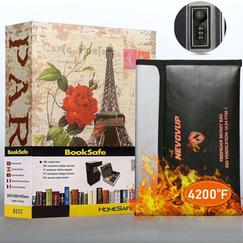 Fireproof Book Safe with Combination Lock and Hidden Storage, 10.5 x 7.9 inches