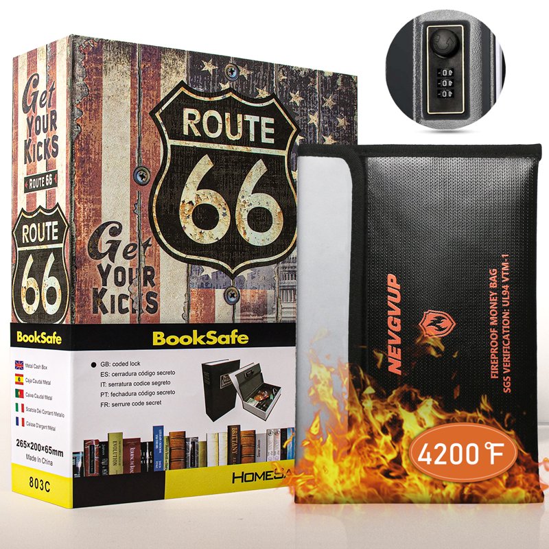 Fireproof Book Safe with Combination Lock and Fire-Resistant Money Bag, 10.5 x 7.9 x 2.5 Inches