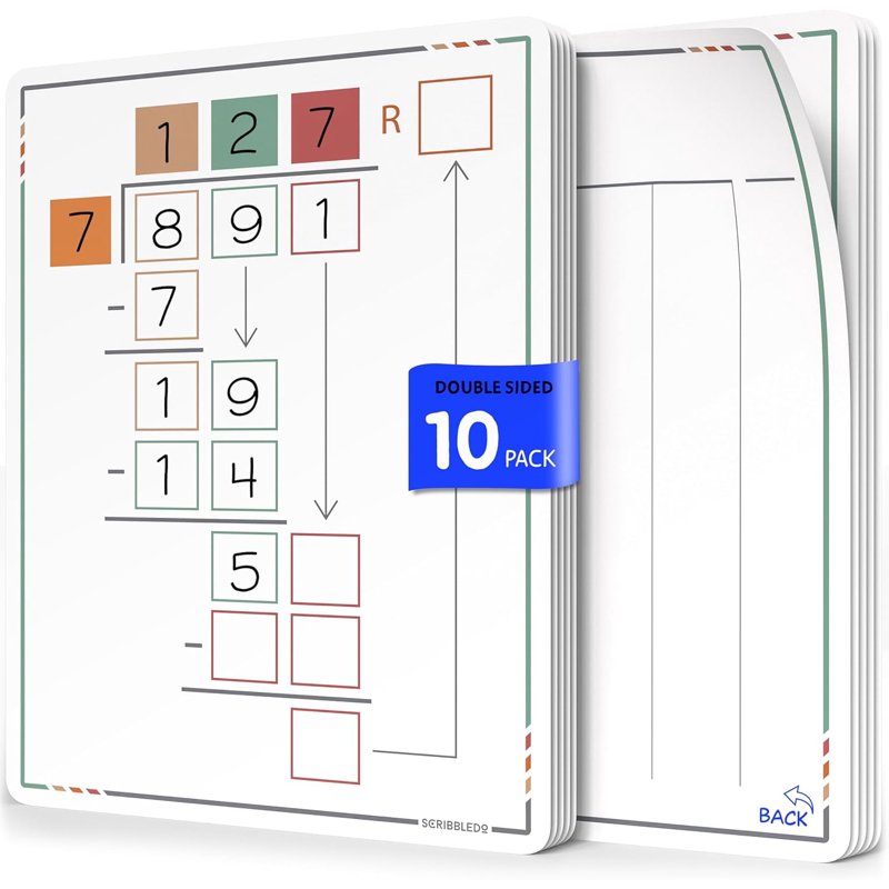 Math Practice Dry Erase Sheets - Double-Sided Whiteboard for Division Learning, 9x12 Inches, 10-Pack