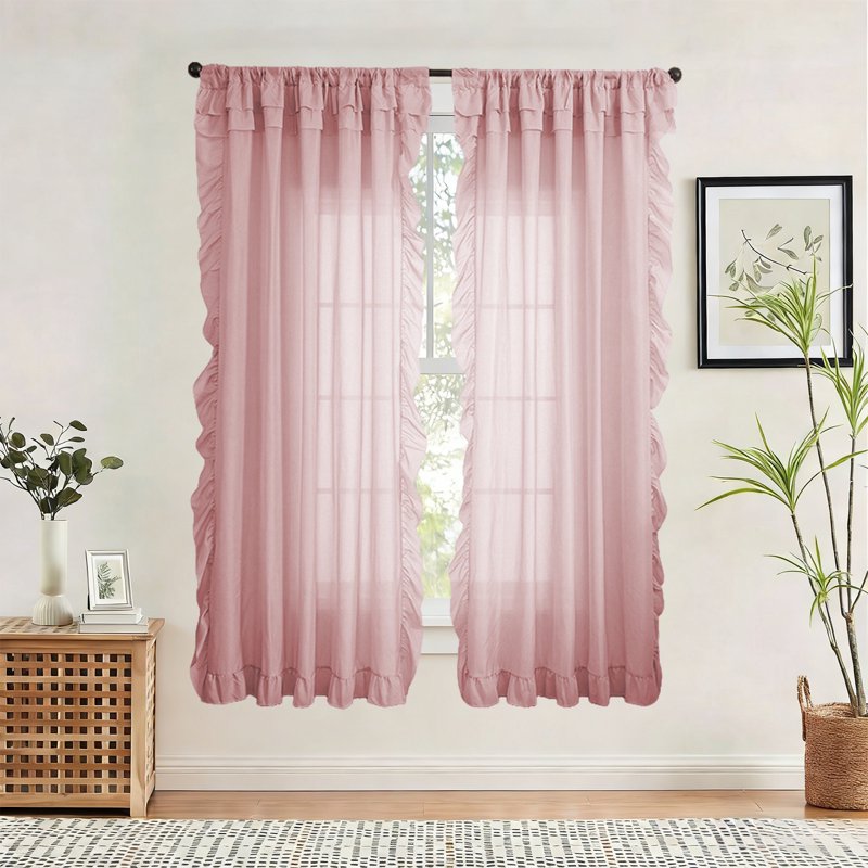 Semi-Sheer Long Curtains with Ruffle Trim - Lightweight Bedroom & Living Room Window Drapes