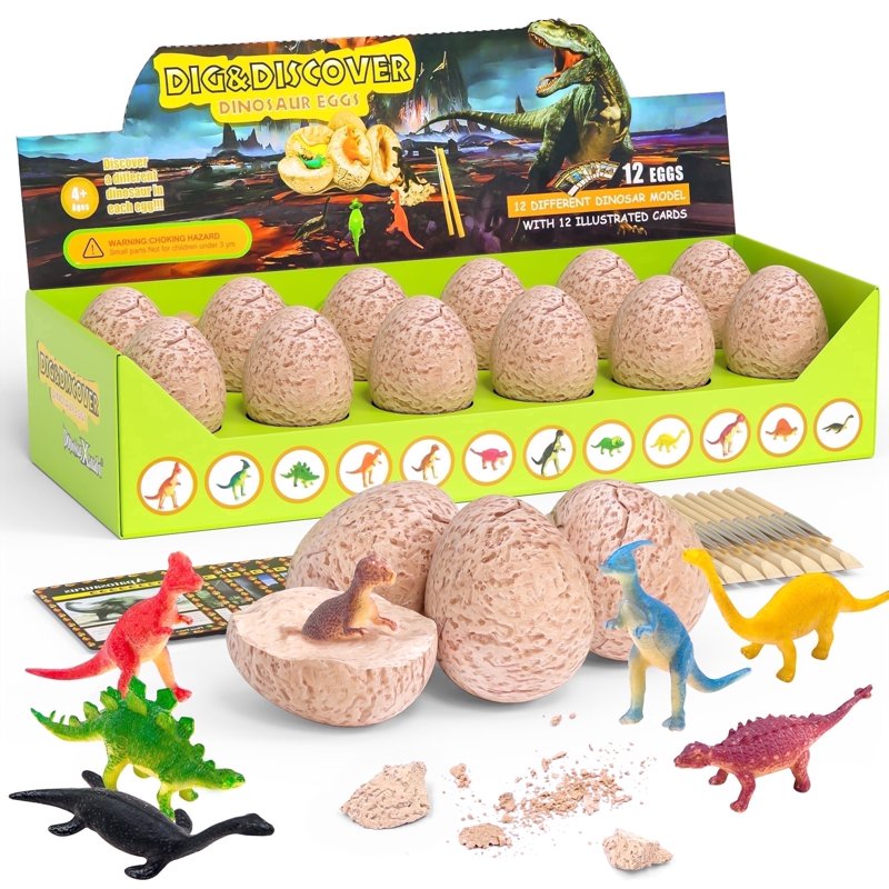 Dinosaur Egg Dig Kit for Kids - Excavation Science STEM Toy with 12 Dinosaur Eggs and Learning Cards