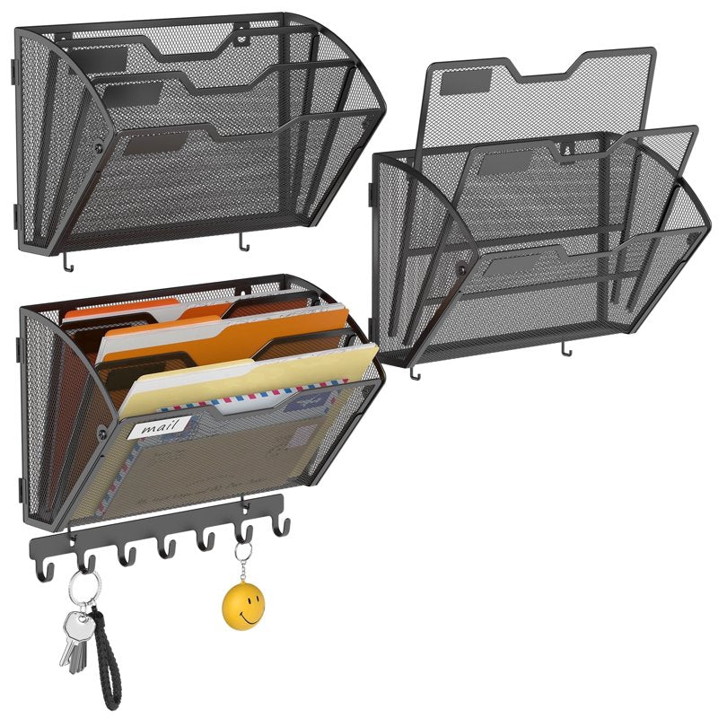Wall File Organizer with Hooks - Large Capacity Mesh Paper Holder for Office and Home