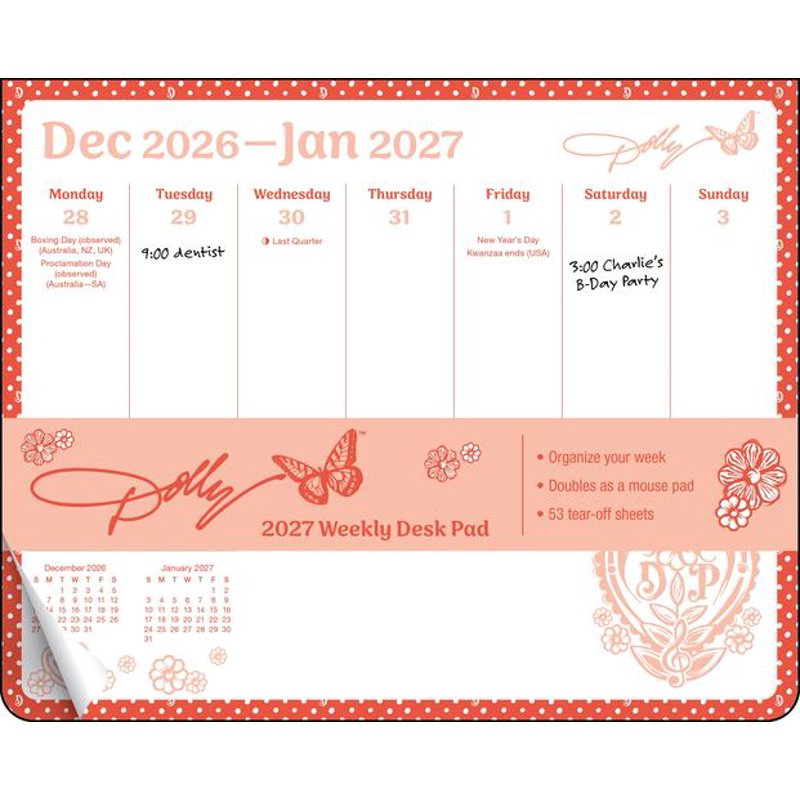 Dolly Parton 2027 Weekly Desk Pad Calendar with Notes & Holidays