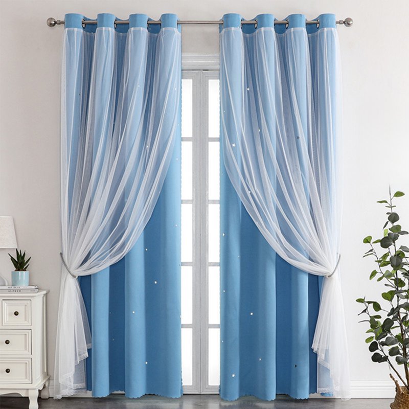 Double Layer Star Pattern Blackout Curtains with Sheer Lace Overlay - Insulated Window Treatments